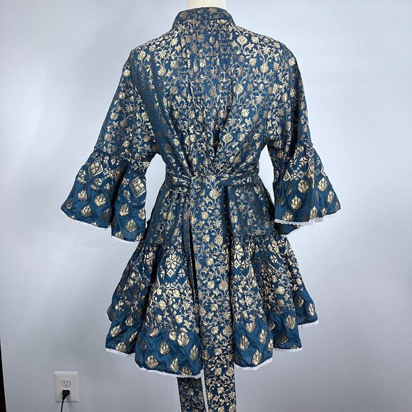 Pep's Cannes Versailles Mini Dress Jacquard Blue Teal Gold Belt Pleated Ruffled - Picture 7 of 16